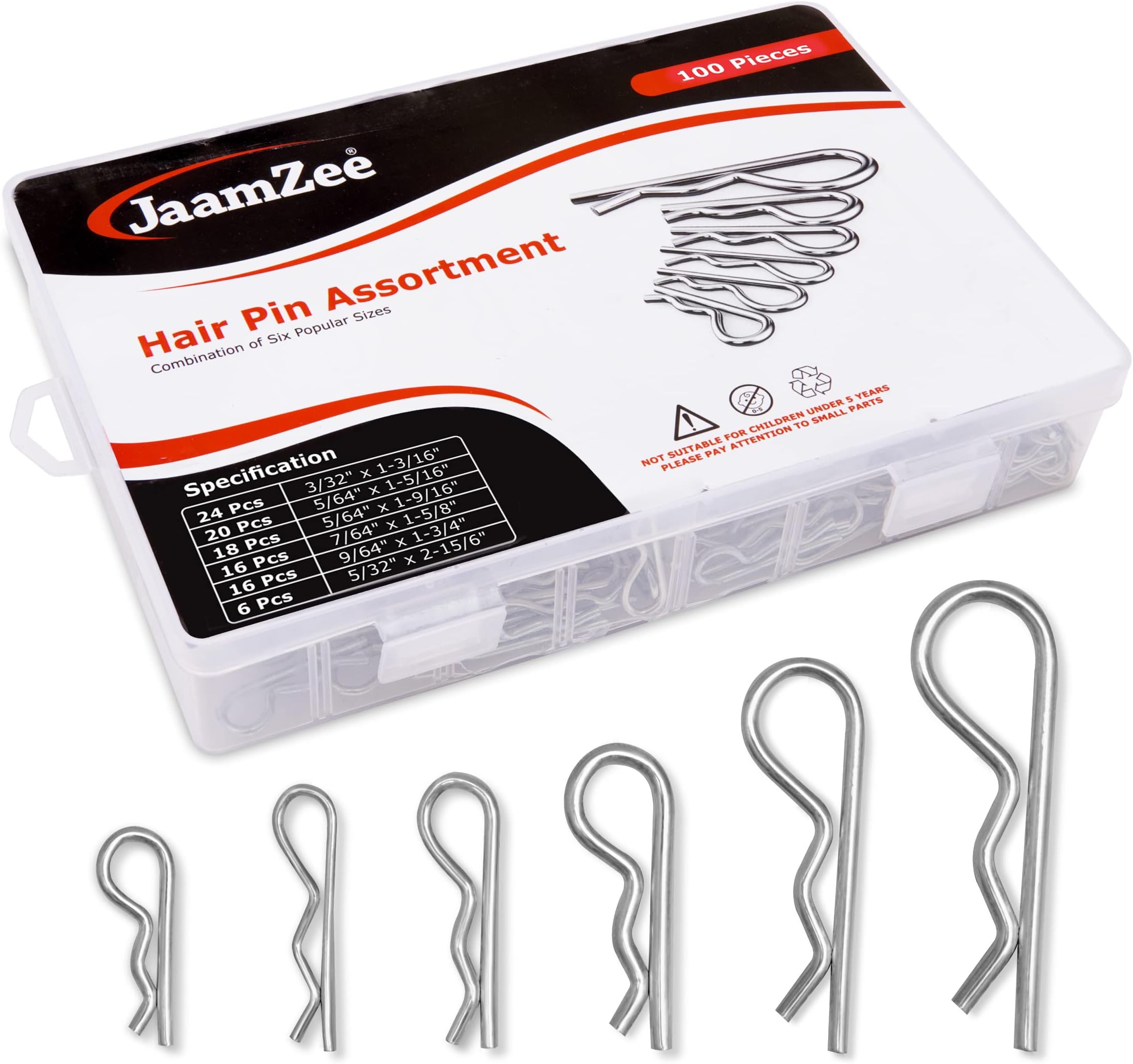 Cotter Pins 100 Pcs r pins - Sturdy & Durable Alloy Steel - R- Shaped Heavy Duty Cotter Pin Assortment Kit in 6 Different Sizes - Perfect for Mechanics, Lawn Mowers, & RV Owners
