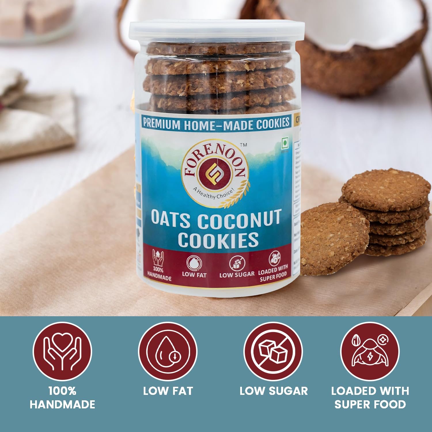 Fore Noon Coconut Oats Cookies with Real Coconut Flakes | Healthy High Fiber Biscuits | No Maida, No Refined Sugar, No Palm Oil | Made with Oats, Whole Wheat Flour & Cow Ghee | Crunchy, Fresh & Hygienic Tea Time Snack | | 100% Natural Ingredients | 100% Vegetarian | Pack of 1, (178 grams) 4