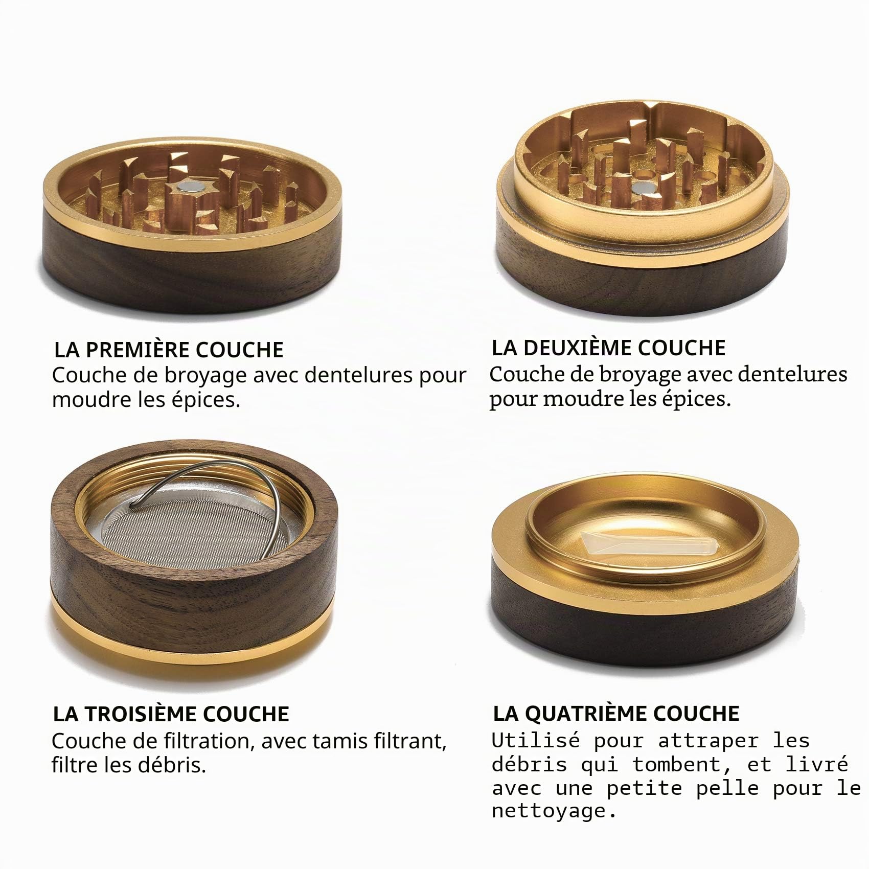 DCOU Premium Grinder Moulin à épices en bois collecteur de pollen avec couvercle magnétique et collecteur de pollen 4 pièces 2,5 pouces (Or)