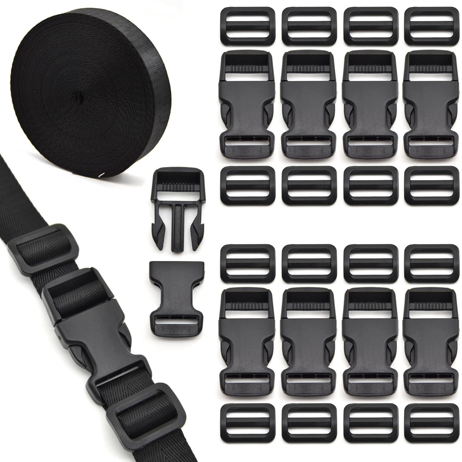 MELORDY 1 inch Buckles Straps Set with 10 Yards Nylon Webbing Strap,10 pcs Quick Side Release Plastic Buckle, 20 pcs Tri-glide Slide Clip for Luggage