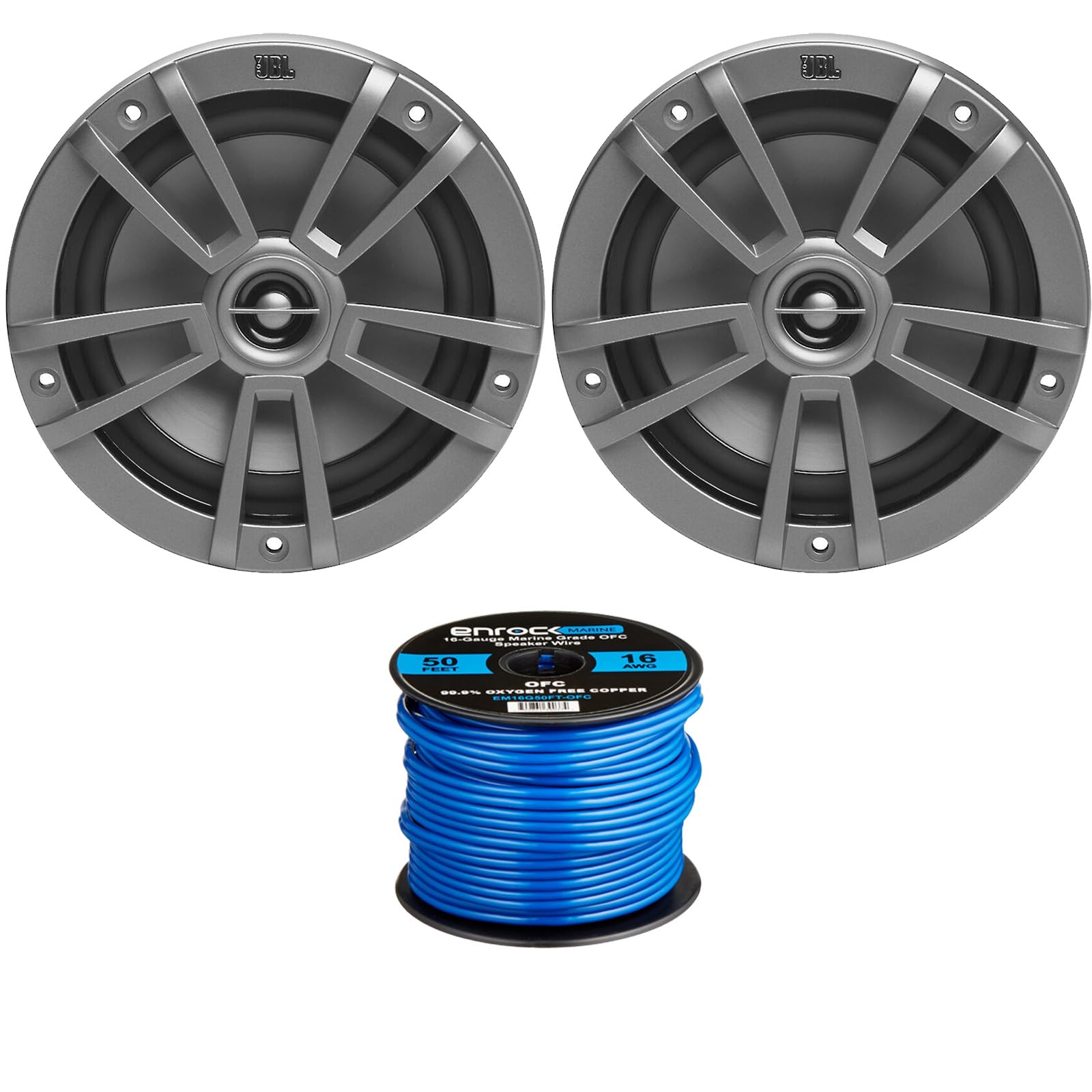 2X 6.5 180 Watts Peak Power 2-Way Multi-Element Gray Marine Speakers, 50 Feet 16 Gauge Speaker Wire