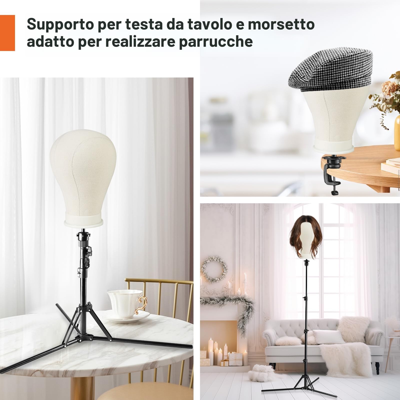 Neverland Beauty & Health Testa per Parrucca da 58cm con Supporto per Parrucca 120cm, Testa di Manichino per Esporre Parrucche con Testa di Esercizio, Clip da Tavolo, Penna a T e Spazzola