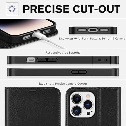 Miniatura 8 de TUCCH Funda tipo cartera para iPhone 14 Pro Max, bloqueo RFID 4 tarjeteros funda interior de TPU a prueba de golpes Funda protectora magnética de