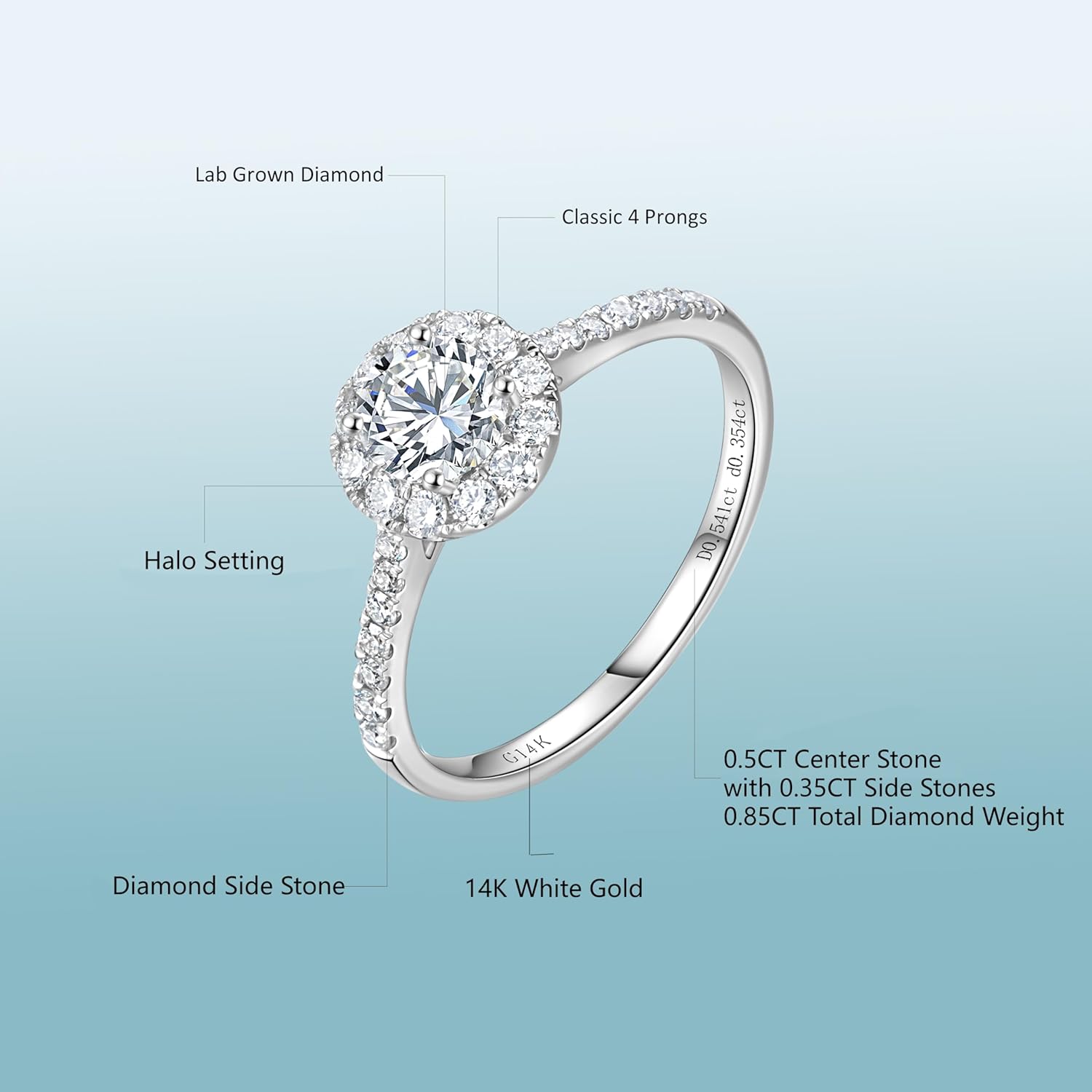 Halo 14k White Gold 0.5 to 2.5 Cttw IGI Certified LAB Grown Diamond Engagement Rings with Side Stones, Anniversary Wedding Promise Rings Jewelry Gifts for Women, Clarity VS1-VS2, D E F Color - Image 2