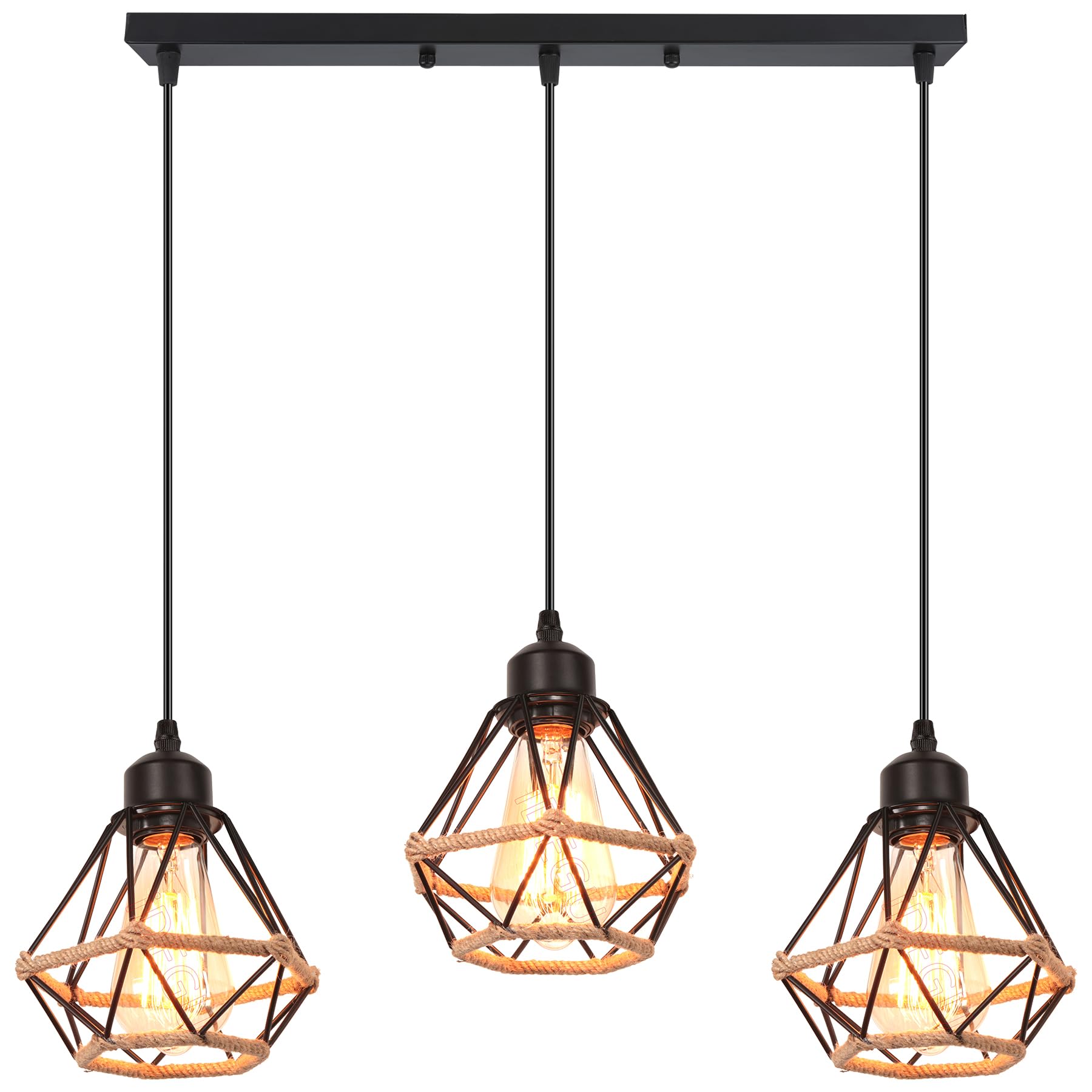 iDEGU 3 Luces Lámpara Colgante Vintage 16CM Lámpara de Techo Industrial de Metal con Cuerda de Cáñamo Retro Diseño Jaula E27 Iluminación de Techo para Comedor Dormitorio Restaurante Salón (50cm Poste)