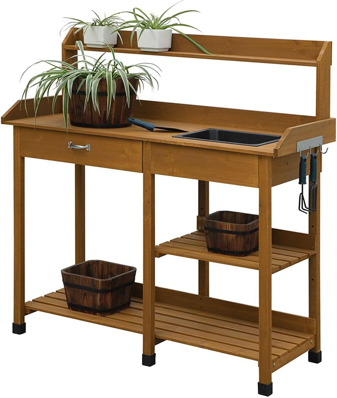 StarSun Depot Outdoor Garden Wood Potting Bench Work Table with Sink in Light Oak Finish
