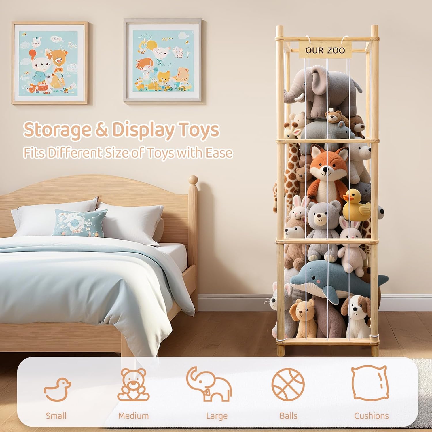 Vertical Stuffed Animals Storage Organizer, Stuffed Animal Zoo, Wooden Plush Zoo Toys Holder Storage Cage for Plush Toys, Dolls, Suitable for Bedroom, Children's Room, Playroom