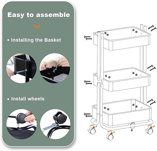 Miniatura 6 de JOYBOS Carritos utilitarios de metal de 3 niveles con ruedas, carrito rodante de almacenamiento resistente, carrito de comestibles de organización