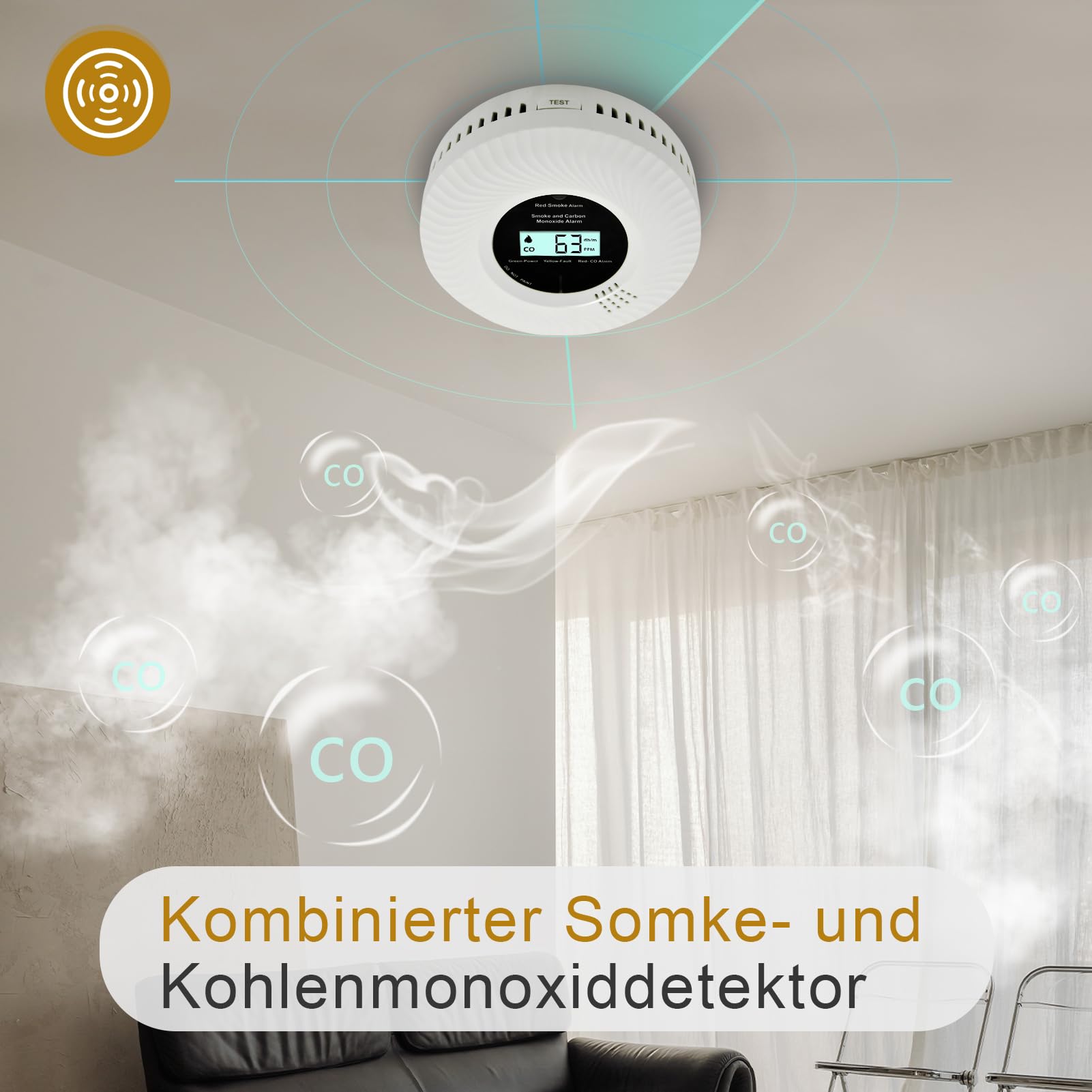 Kohlenmonoxid-Rauchwarnmelder, Kohlenmonoxid-Rauchwarnmelder mit Sprachalarm, 10 Jahre Batterielebensdauer, Zertifiziert nach den Normen EN14604 & EN50291(inkl. Batterie) (Getrennt 2pack)