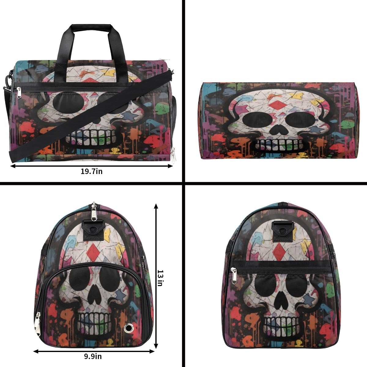 Personalized Gym Bag for Boys Men, Custom Sports Travel Duffle Bag with Shoes Compartment, Customized Girls Dance Bag Weekender Overnight Bag for Women Kids, Colorful Art Cool Skull