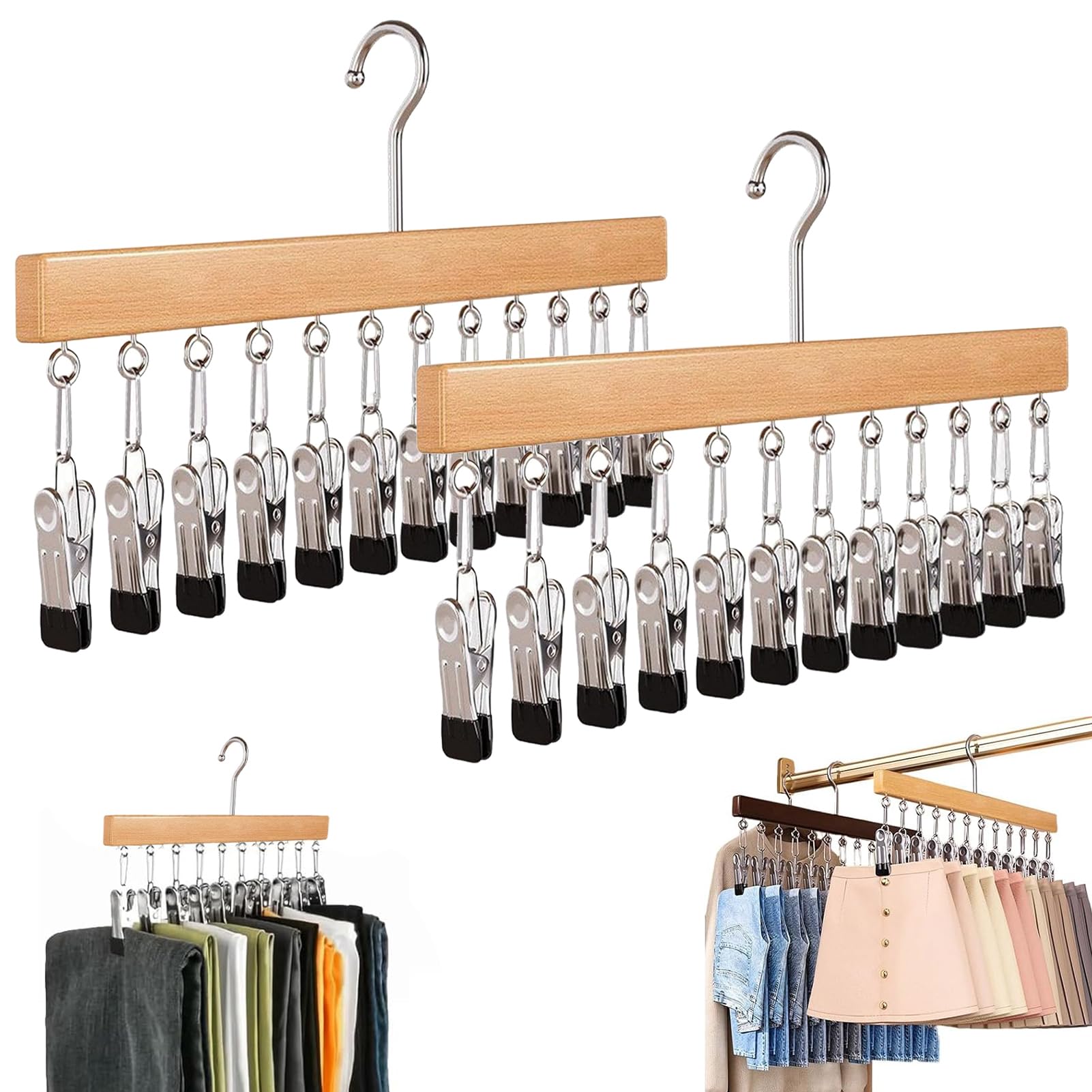2PCS Closet Organizer with 10 Clips - Space Saving Hanging Closet Organizer, 360° Rotating Legging Hangers for Closet, Yoga Pants Hangers, Multifunctional Storage Rack for Jeans, Hats, Shorts (Wood)