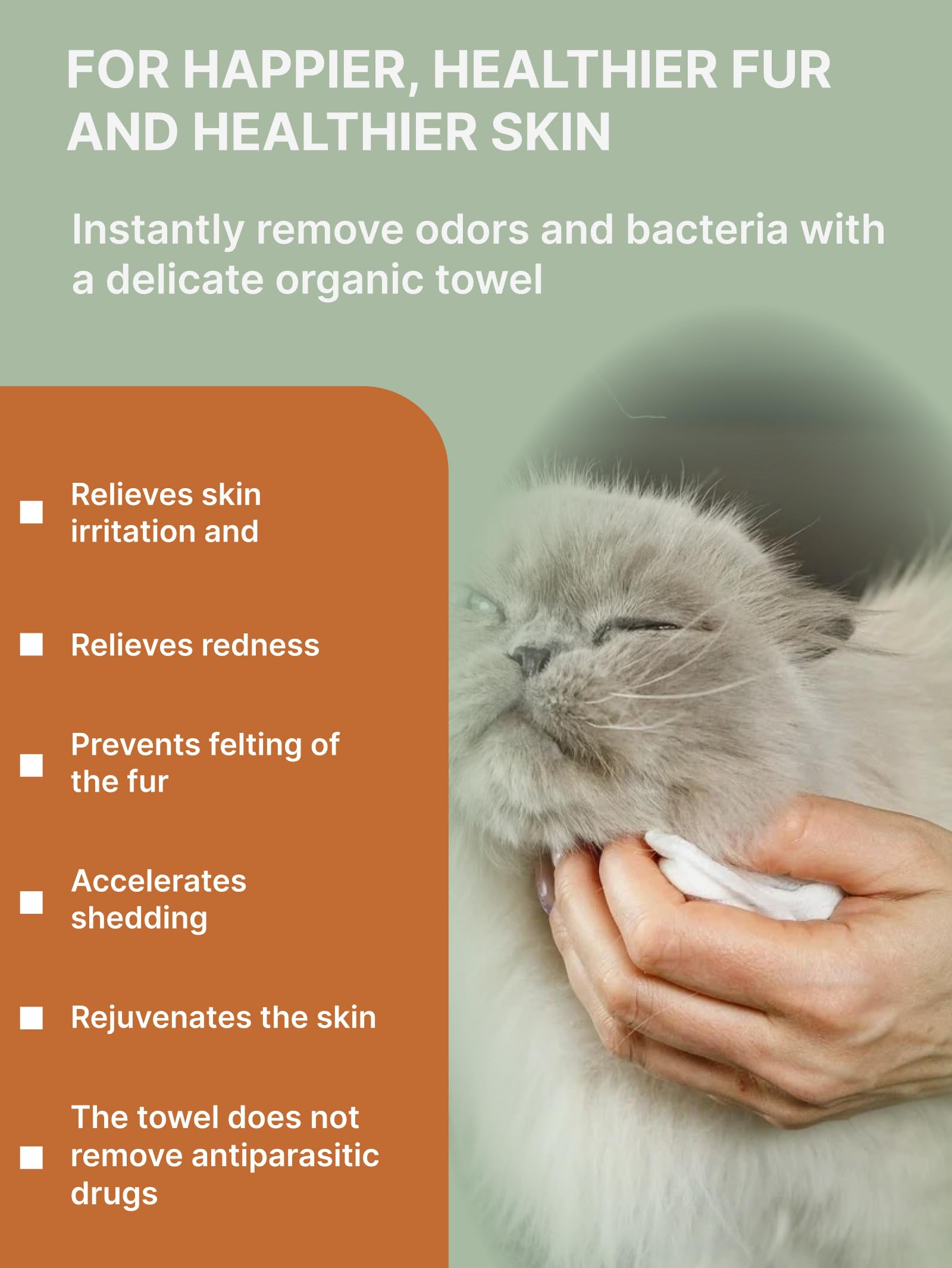 No Rinse Cat Shampoo Towel | Grooming Wipes That Work like Cat Dry Shampoo | Plant-based Cleaning & Deodorising Pet Wipes with Collagen & Placenta | 25 pcs (20 x 30 cm) — view 3