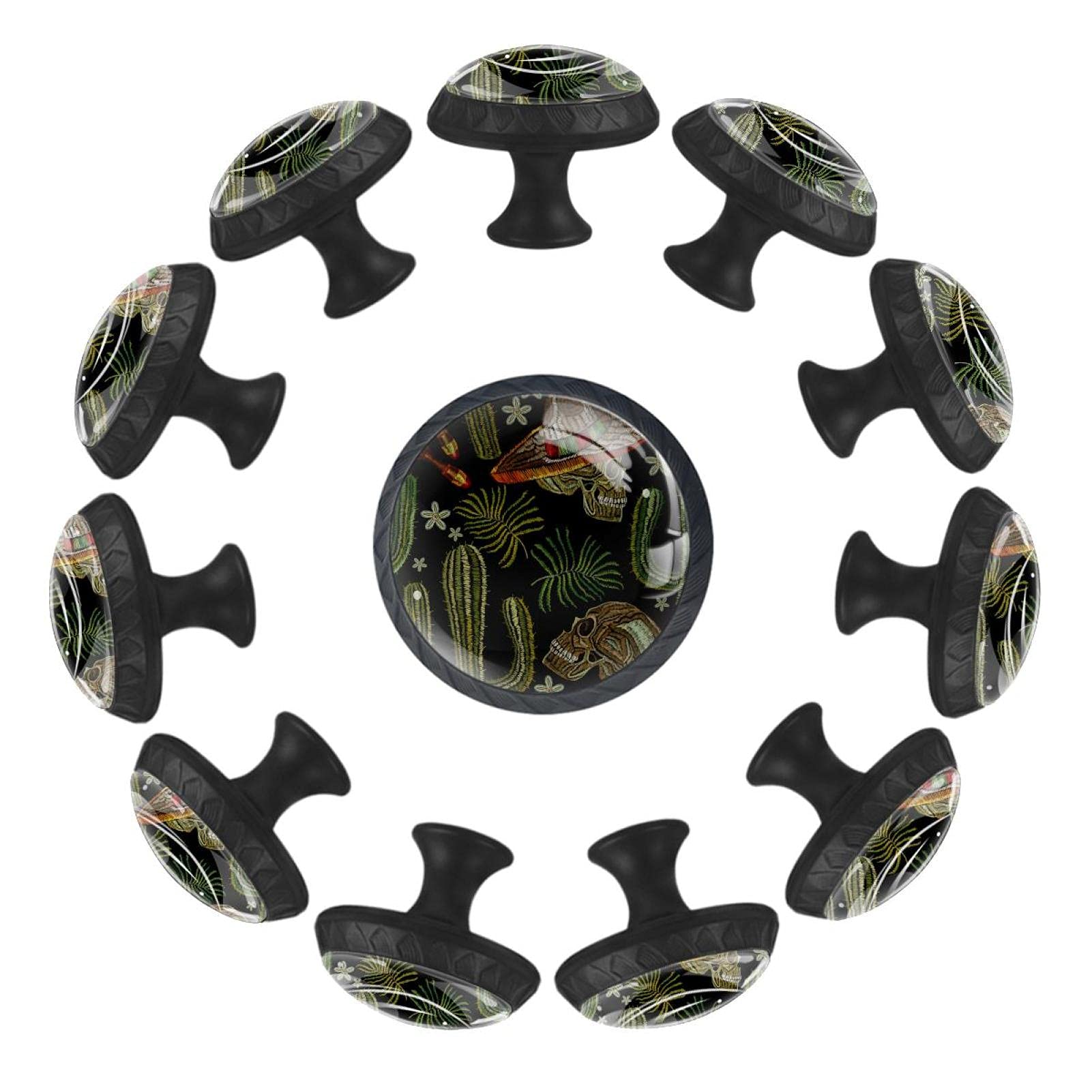 Boutons de tiroir ronds 35 mm au motif unique tête de mort et cactus