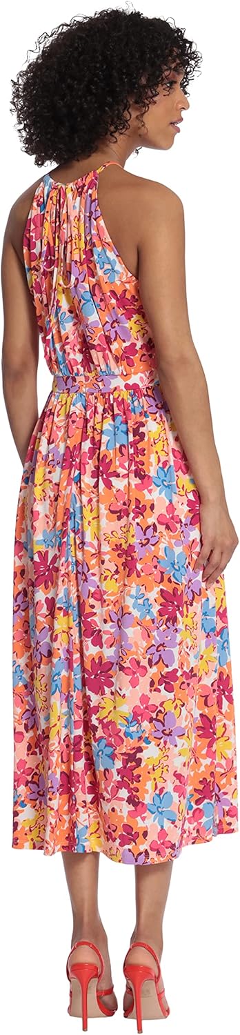 Maggy London Womens Halter Neck Midi Dress with Back Neck Tie
