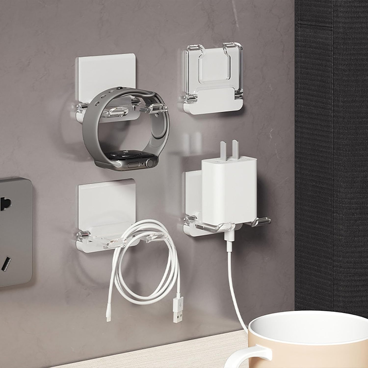 Self-Adhesive Foldable Hook | Wall-Mounted Power Cord Organizer | Razor Holder | Multi-Purpose Hanging Hook for Kitchen & Bathroom | 4-Pack↳ (4, White+Clear)