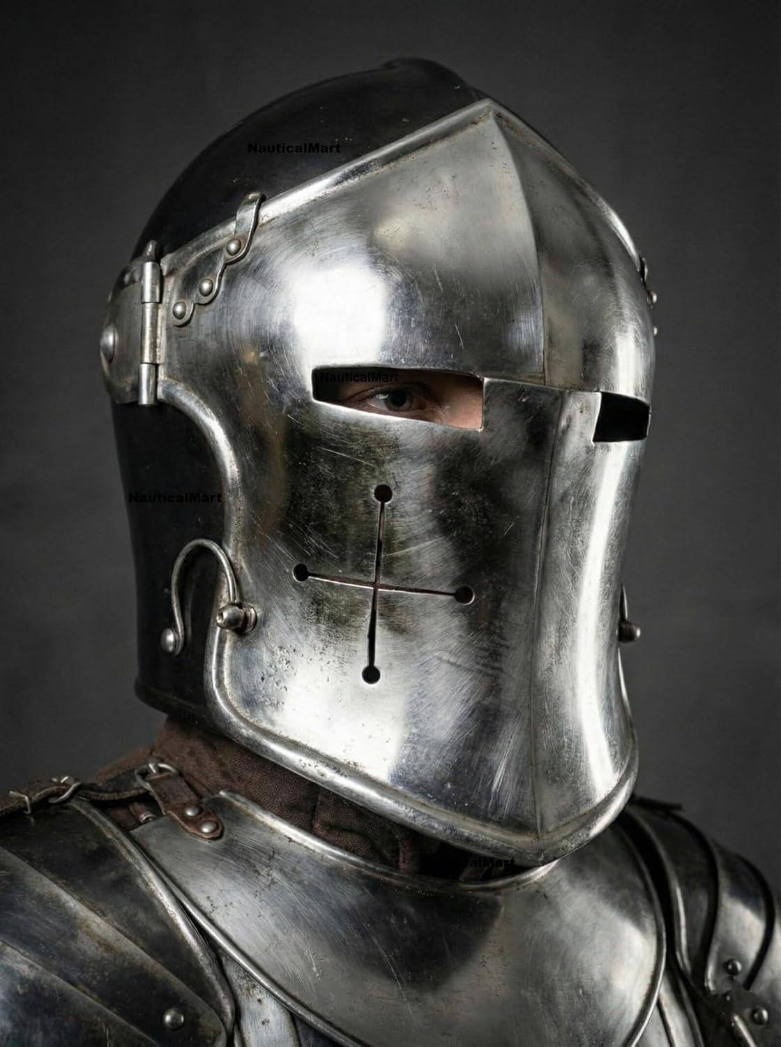 Medieval Full Body Barbuta Armor Suit- Black and Silver Knight Armor Costume 18 Gauge Steel Barbuta Helmet, Pauldrone, Arm Bracers, Gauntlets, Leg Set Combat Armour for LARP, Cosplay, & Reenactments"