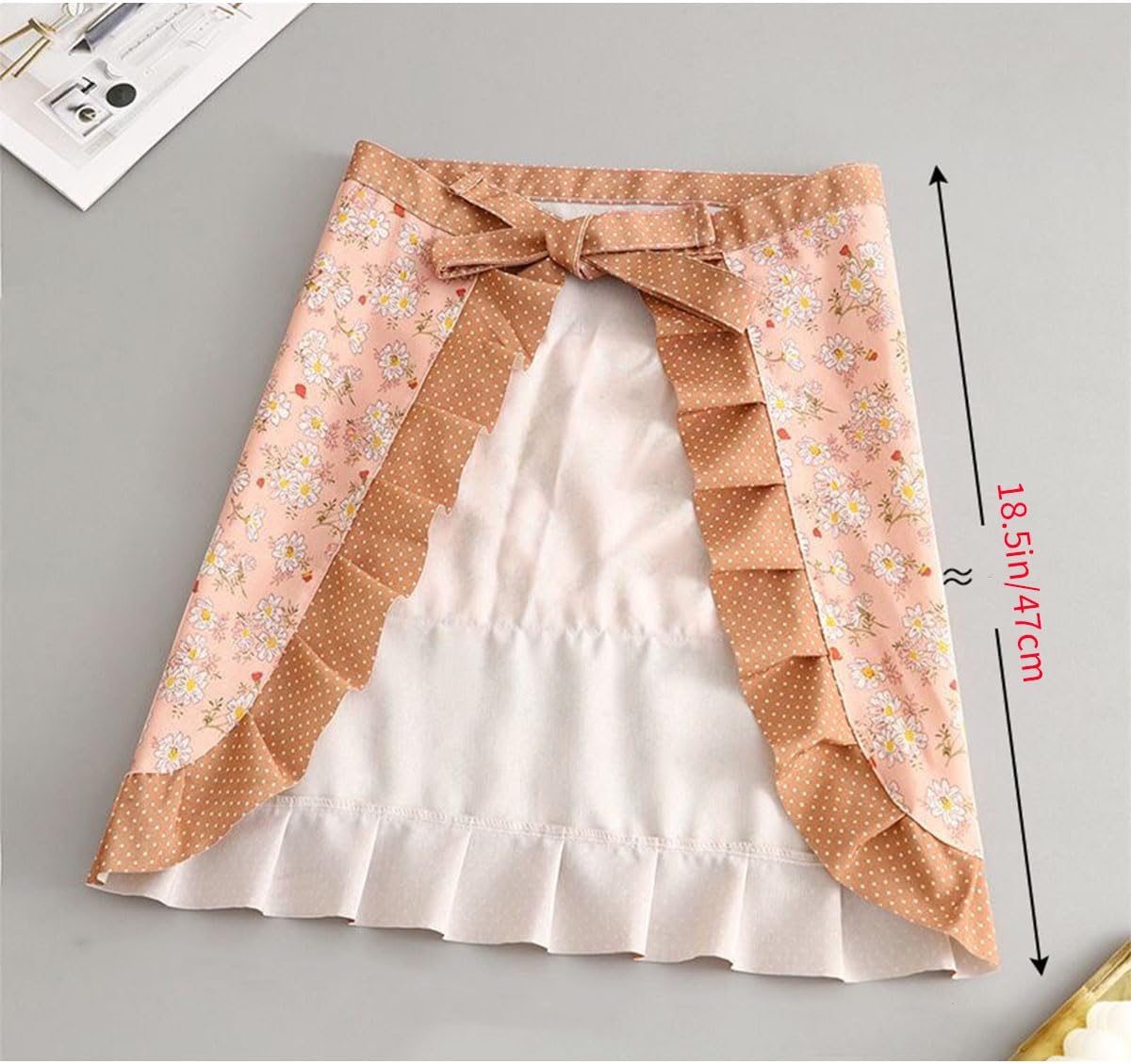 2 Pcs Womens Server Half Apron with Pockets, Floral Print Vintage Waist Apron Ruffle, for Cooking, Painting, Kitchen Baking, Service, Pink and Green - Image 5