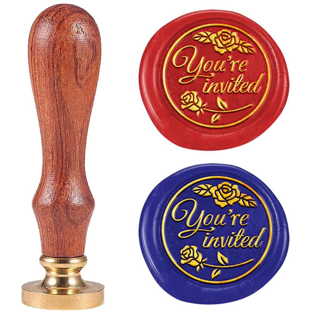 DELORIGIN 1" You're Invited Rose Wax Seal Stamp Valentine's Day Sealing Stamps Removable Brass Head Seal Stamp with Wooden Handle Sealing Wax for Greeting Card Letter Invitations Envelope Craft