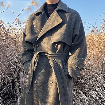 Men's Woolen Cloth Straight Casual Windbreaker Long Sleeve Double-Breasted Loose Overcoat Autumn Personality Coat (Color : B, Size : XLcode) (B Scode)