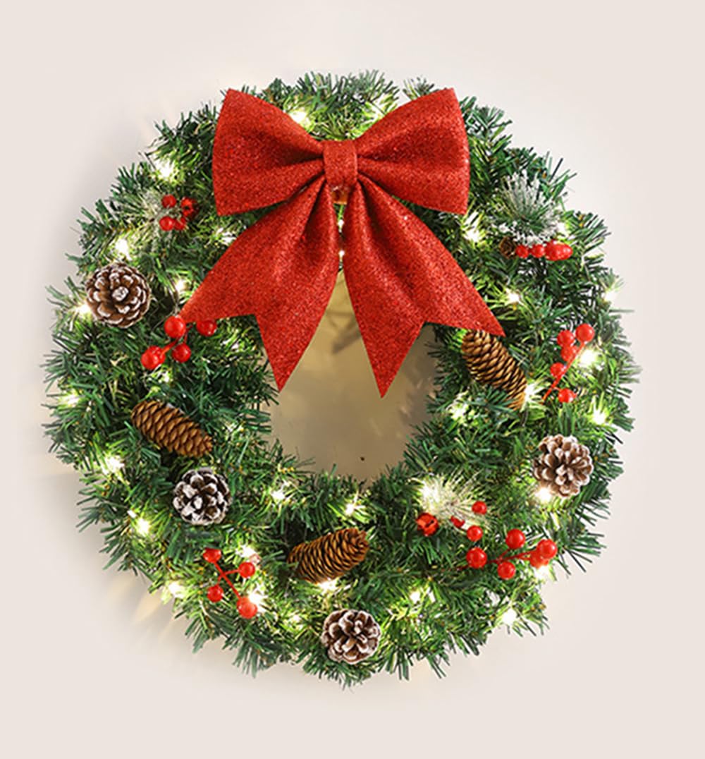 Couronne de Noël pour Porte, Couronne de Noël extérieure, Couronne de Noël à Piles, couronnes de Noël avec lumières, alimentée par Batterie et réutilisable. (50cm)
