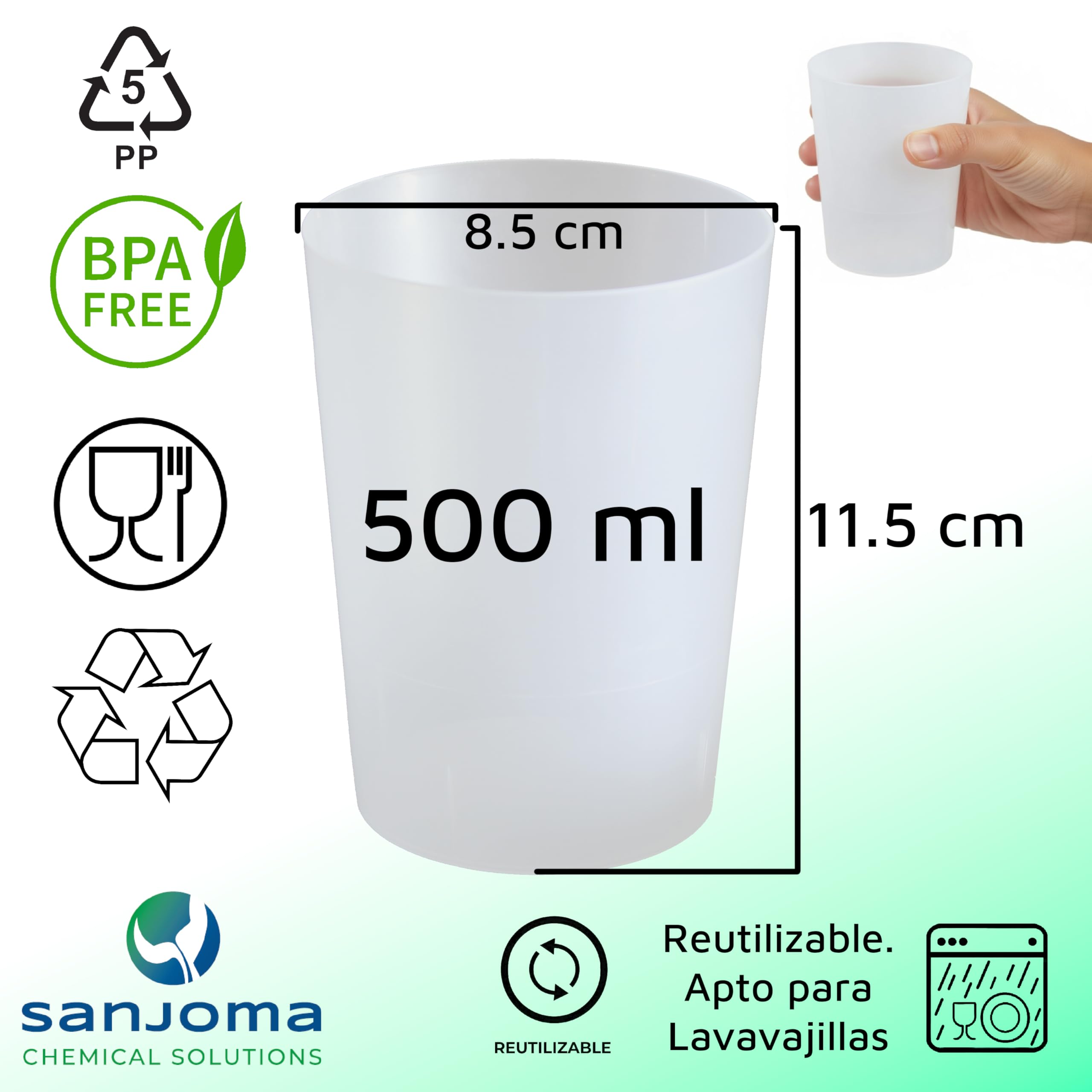 Sanjoma Pack 160 Vasos Reutilizables 500 ml PP Event Line – Translúcido, Apto Lavavajillas 25 Lavados, Desechable, Sin BPA, Para Eventos y Hostelería