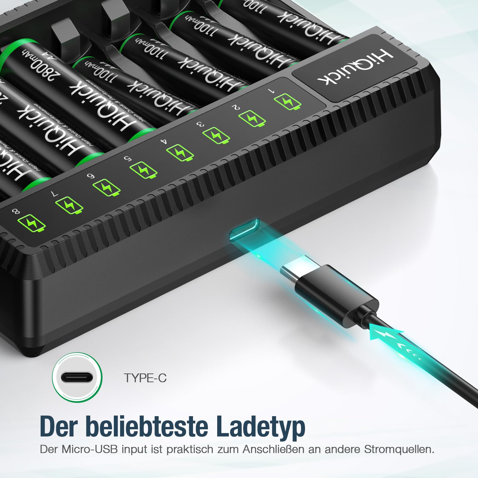 HiQuick Akku Ladegerät mit 4 AA und 4 AAA Akkus, AA AAA Batterien Ladegerat, für NI-MH NI-CD Akku, 8-Ladeplatz mit LED Anzeige ladegerat