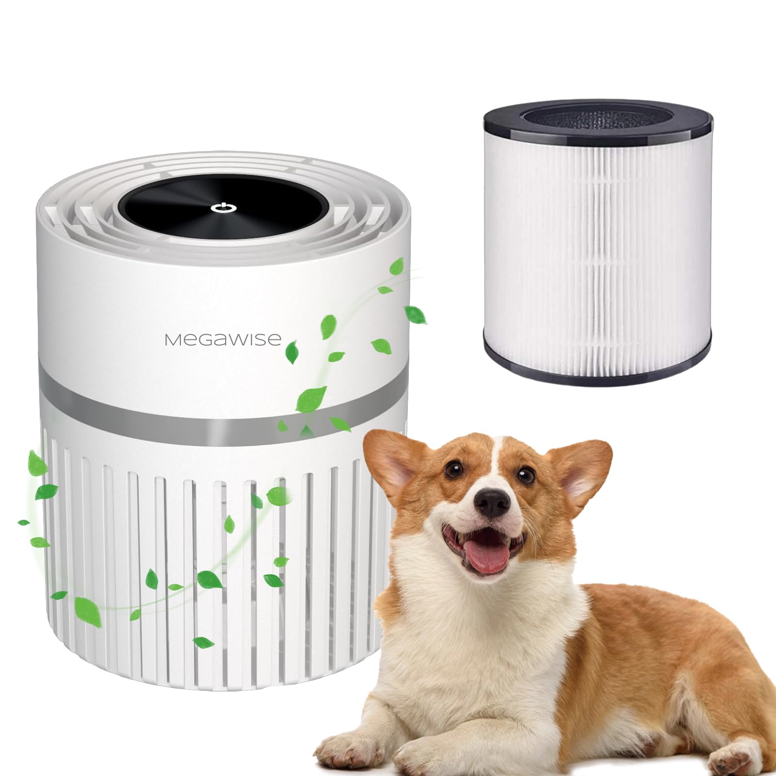 MEGAWISE Purificatore d'aria HEPA per casa e ufficio, design compatto con 1 filtro di ricambio, funzionamento silenzioso, adatto per rinfrescare l'aria quotidiana (bianco)