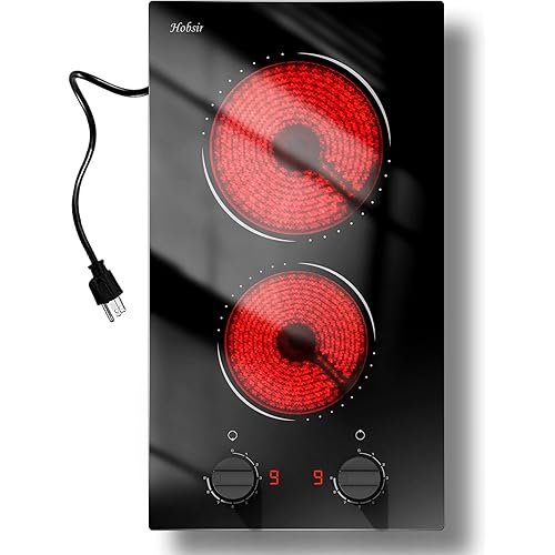 Hobsir 2 Burner Electric Cooktop 110v, Plug in Electric Stove Top, 2000W Electrical Stove Top Burner, 12 Inch Countertop & Built-in Ceramic Cooktop, Knob Control, 9 Power Level