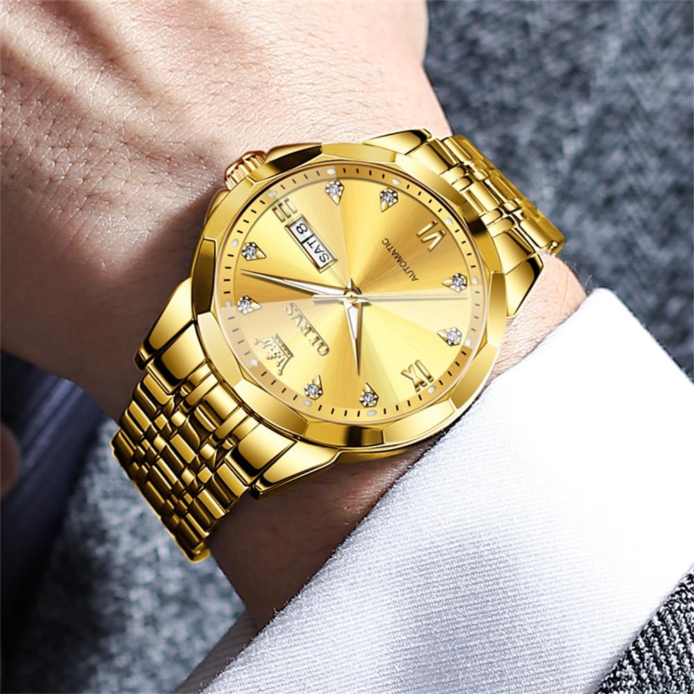 OLEVS Watch for Men Automatic Classic Mechanical Watch Diamond Mirror Stainless Steel Dress Casual Waterproof Day/Date Calendar Gold