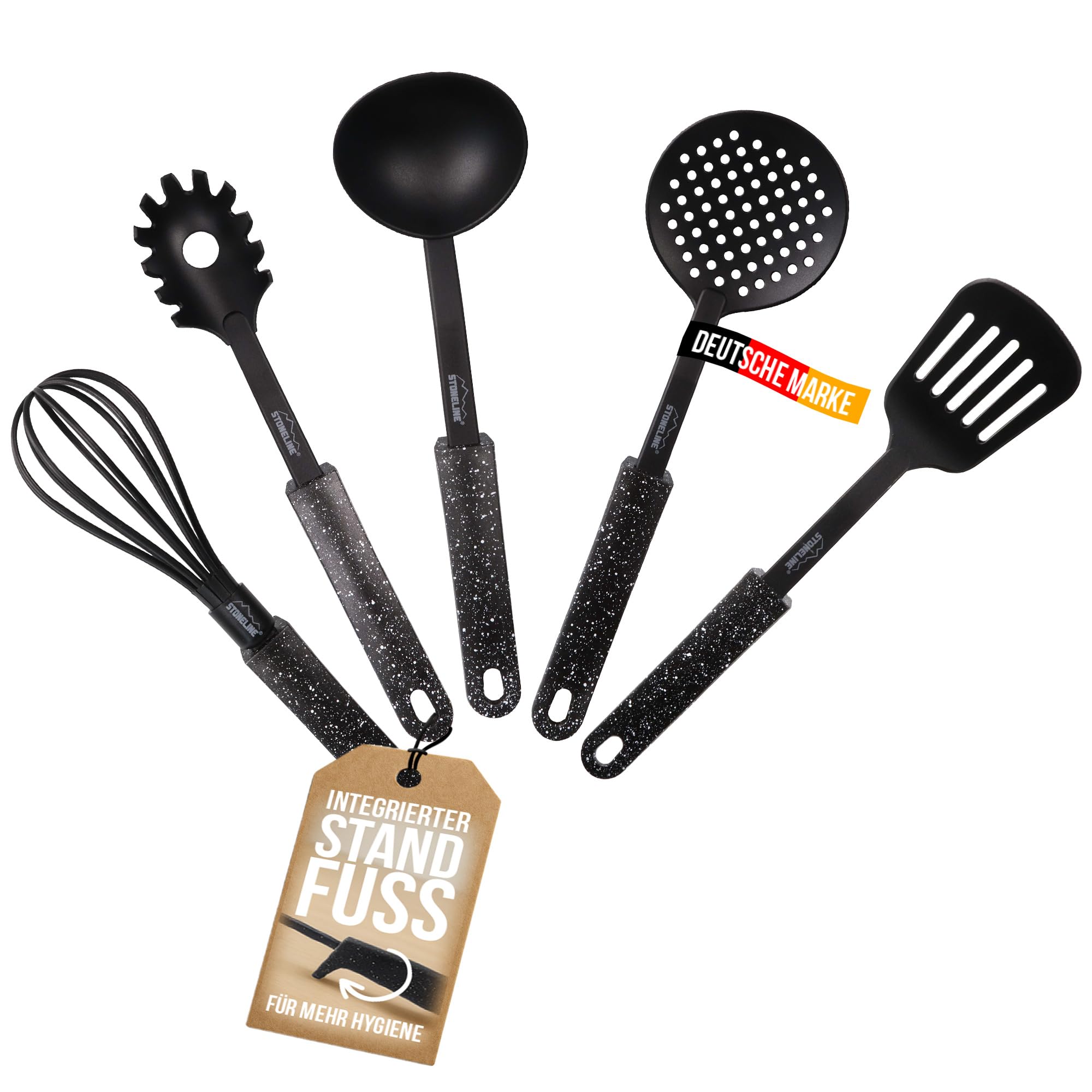 Ustensiles de cuisine pour poêles antiadhésives, set en nylon avec support de rangement noir