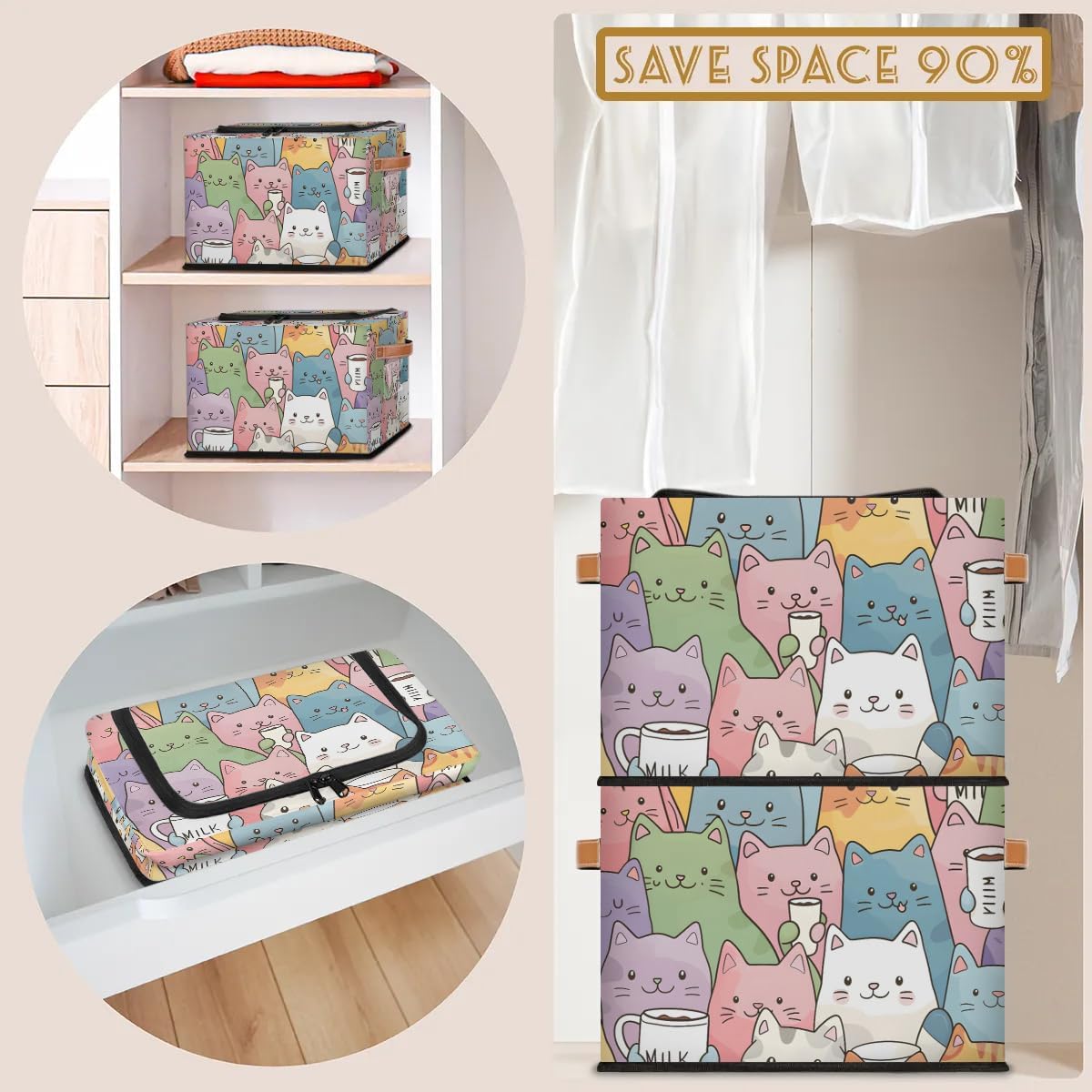 Cute Cat Storage Bins with Zipper Lid, Collapsible Fabric Storage Basket with Leather Handles Closet Shelf Cloth Organizer Basket for Nursery Bedroom Clothes Toy