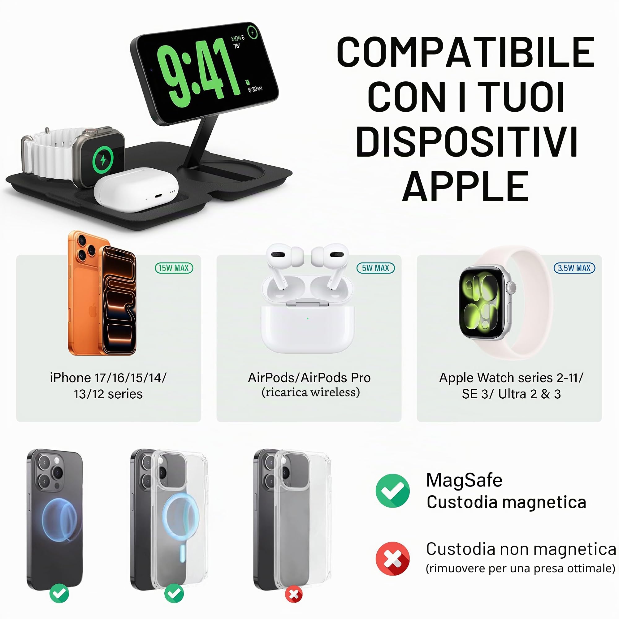 Nimble Stazione di ricarica wireless pieghevole 3 in 1 per iPhone e AirPods, supporto di ricarica Qi2 da 15 W compatibile con MagSafe, dock di ricarica wireless per iPhone 17/16/15/14/13/12