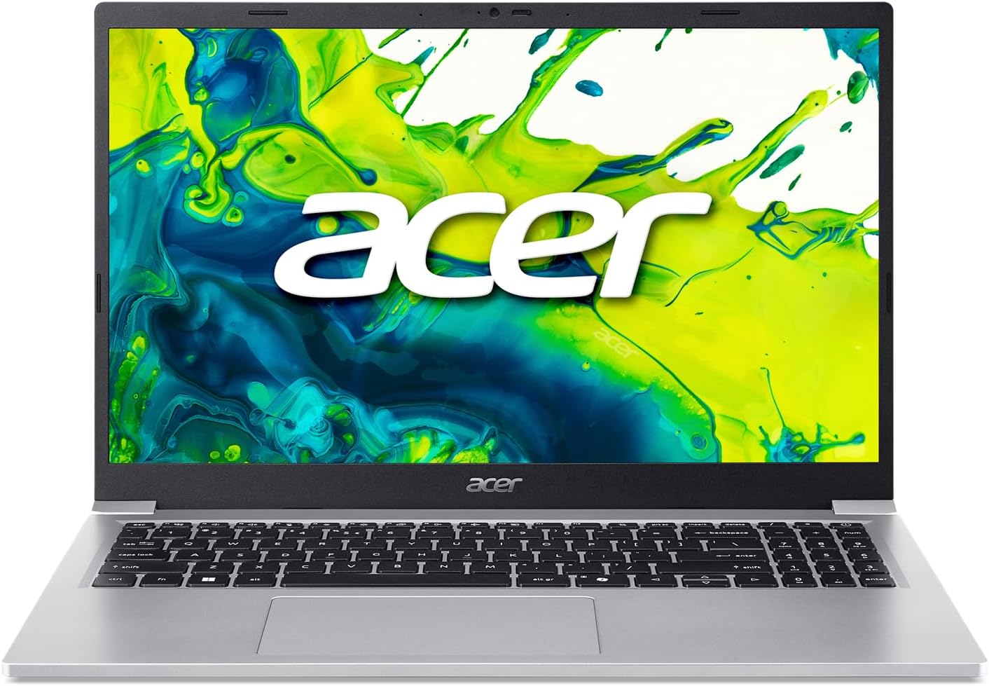 ముందు view of Acer Aspire Lite 15 laptop with screen displaying a colorful abstract wallpaper.