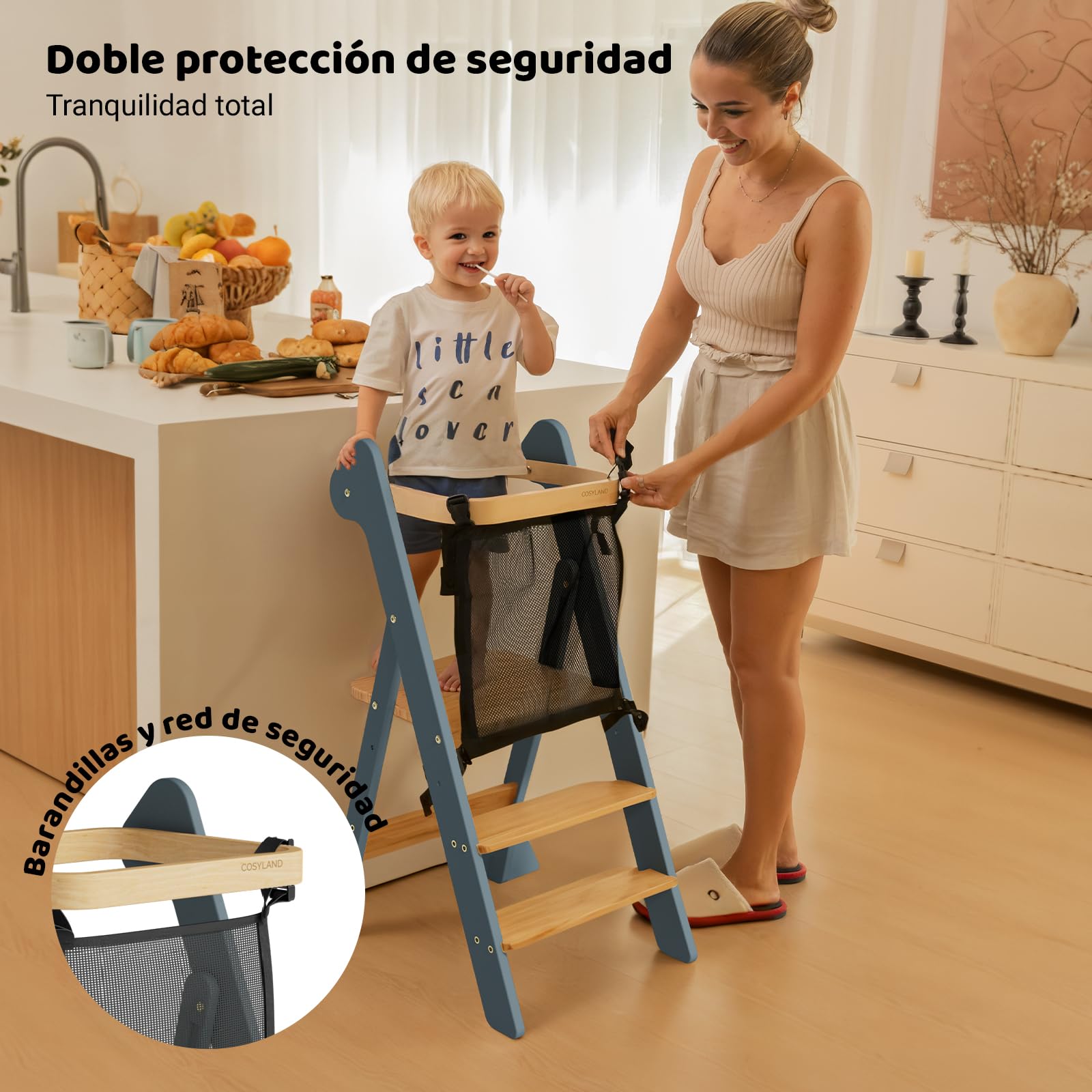 COSYLAND Torre de Aprendizaje Montessori de Madera Plegable Desde 1 Año – Ganadora del Premio iF Design, con Red de Seguridad y Altura Ajustable, Ideal para Cocina y Baño (Azul Pizarra y Natural)