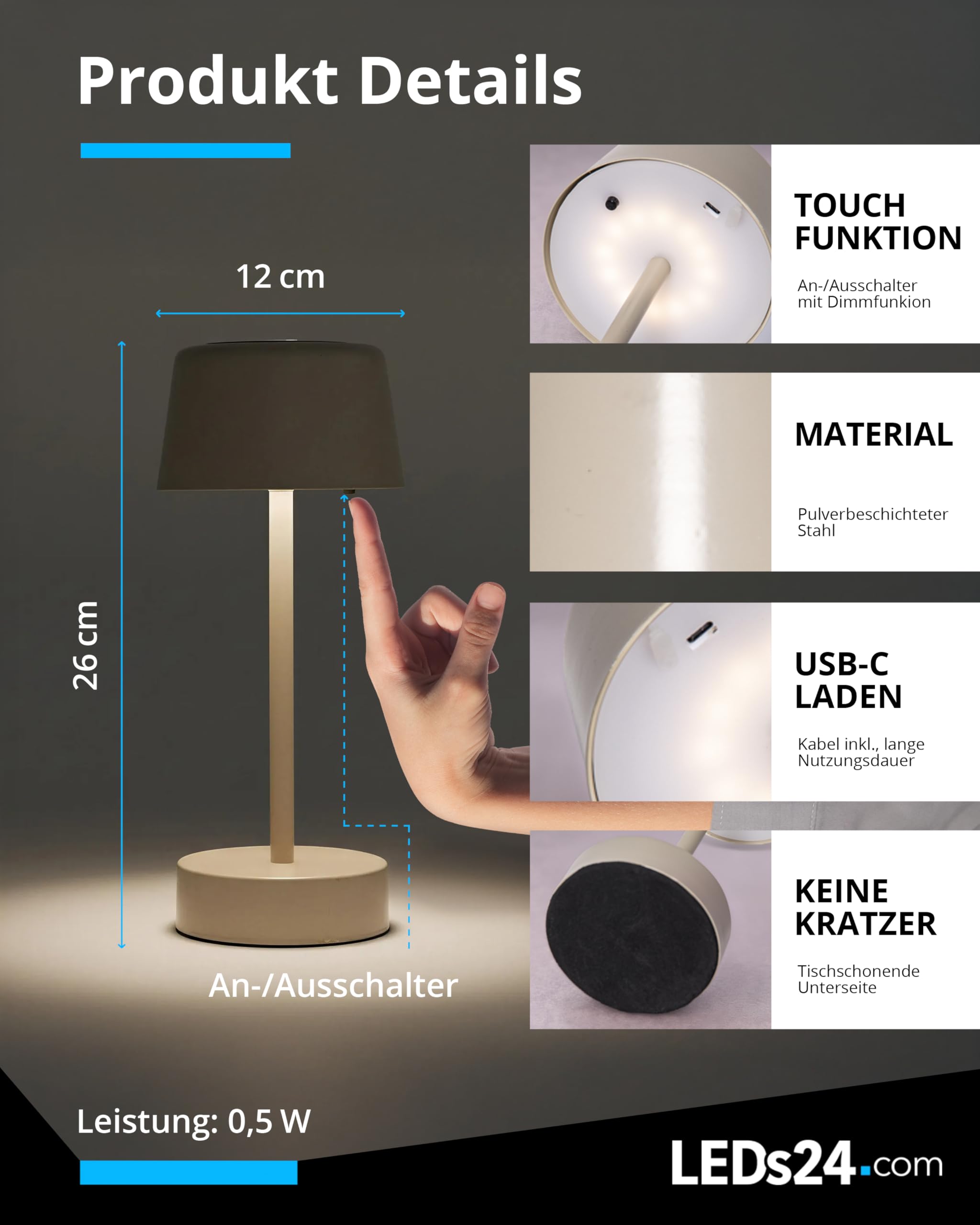 LED Solar Tischlampe Kabellos Outdoor - IP44 Solarleuchte Tisch Kabellos inkl. USB-C-Kabel [Warmweiß 3000K] - für Garten, Balkon, Terrasse, helle Innenräume (beige)