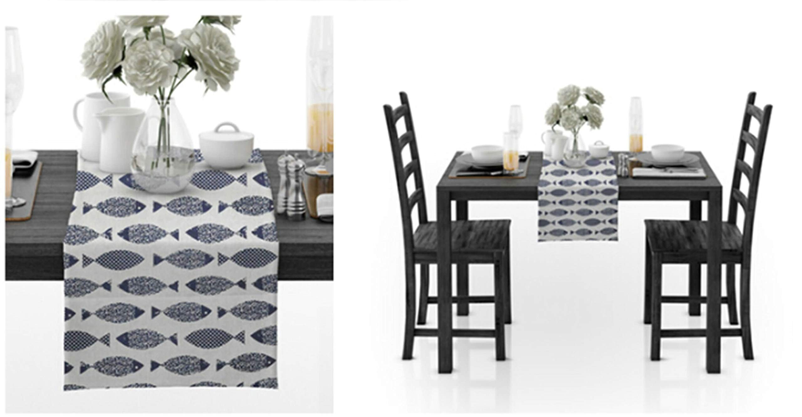 Aeici Camino de mesa de comedor moderno de algodón, diseño de peces, camino de mesa de cocina de 30,5 x 137,8 cm, decoración para fiestas, azul oscuro, blanco