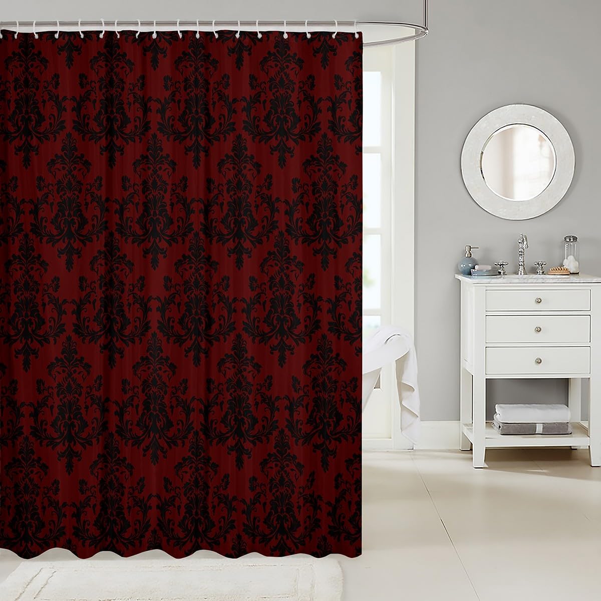 Castle Fairy Red Black Damask Shower Curtain,Vintage Gothic Lace Floral Print Bath Curtain with Hooks,Antique Victorian Baroque Boho Style Waterproof Bathroom Accessories for Bathtublet, 72Wx84L inch