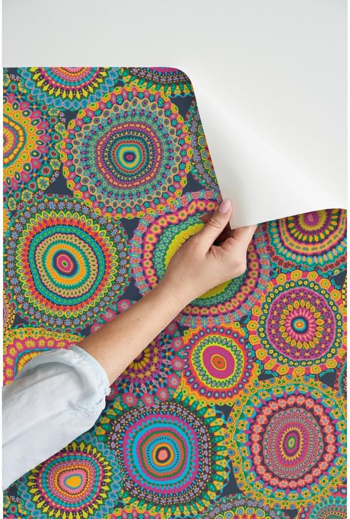 Peel & Stick Wallpaper 3ft x 2ft - Grannys Patchwork Quilt Mandala Colorful Circle Retro Hippie Custom Removable Wallpaper by Spoonflower