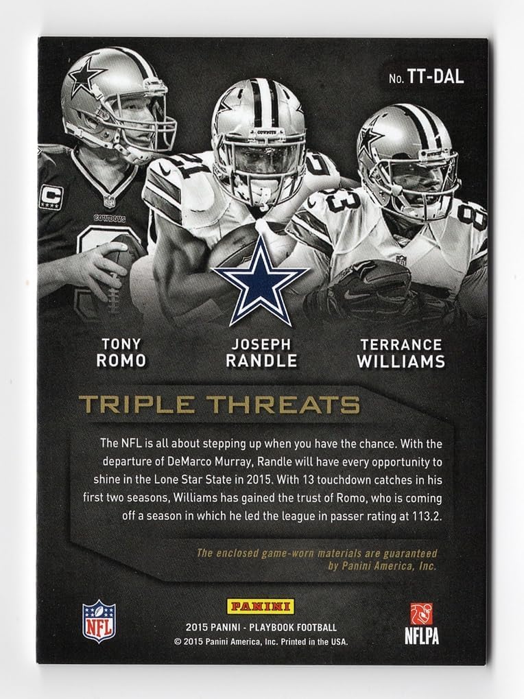 Tony Romo/Terrance Williams/Joseph Randle 2015 Panini Playbook Football TRIPLE THRETS JERSEY RELIC (Game-Worn Memorabilia) Insert Trading Card #31/99 (Only 99 Made)