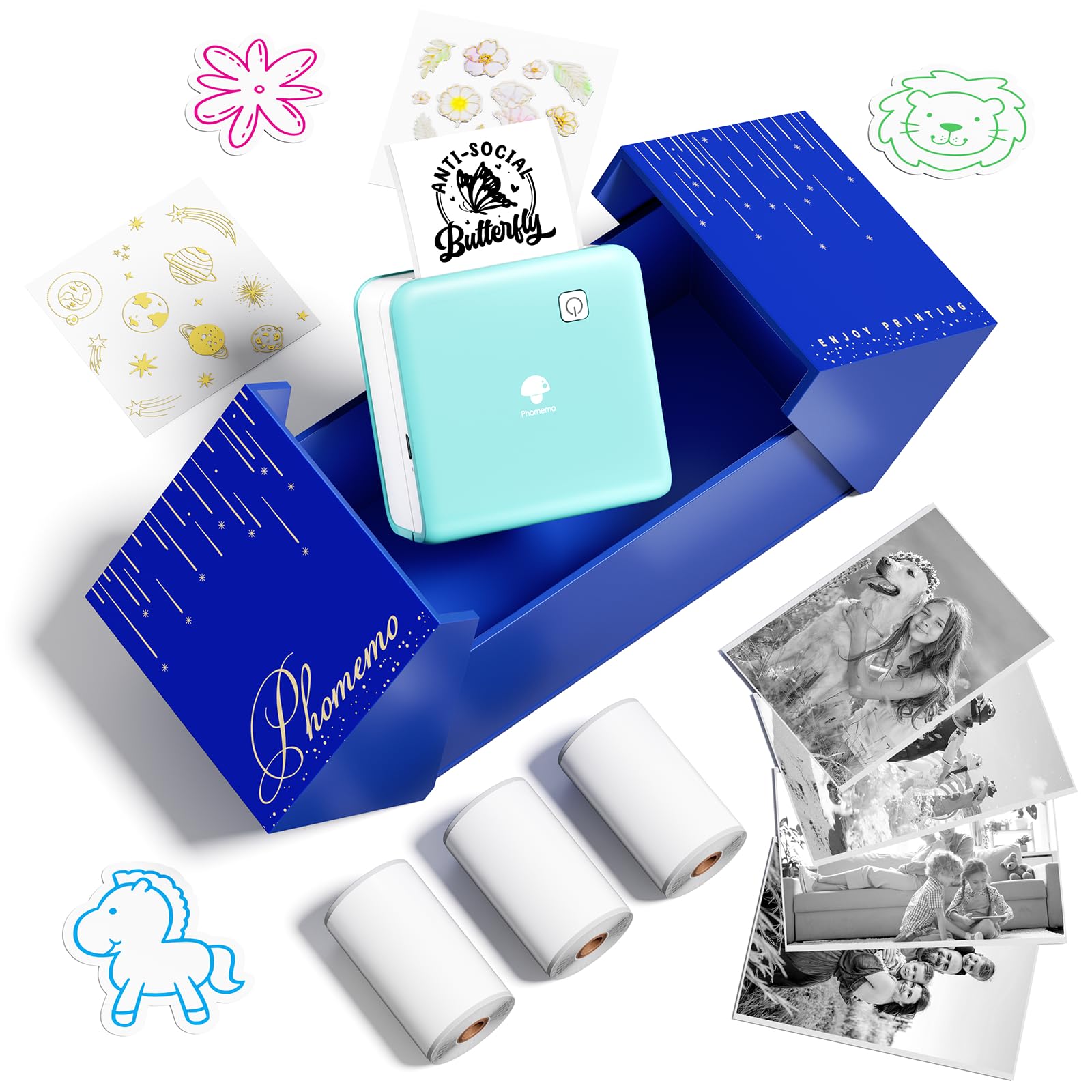 Phomemo P2S Mini Mobile Printer, Portable Thermal Printer, 300 DPI Photo Printer with 3 Rolls of Paper, Mini Printer Stickers for Photos, Learning, Scrapbooking, Stickers, Gift