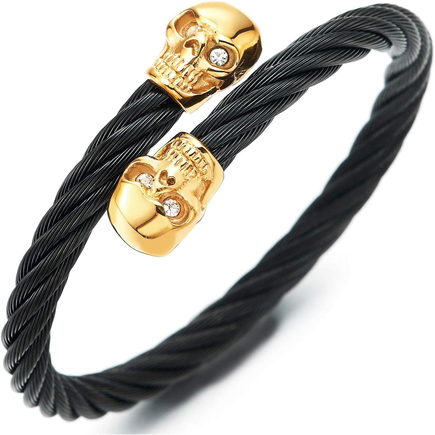 COOLSTEELANDBEYOND Elastic Mens Women CZ Eyes Skull Bangle Bracelet Steel Twisted Cable Cuff Bracelet, Gold Black