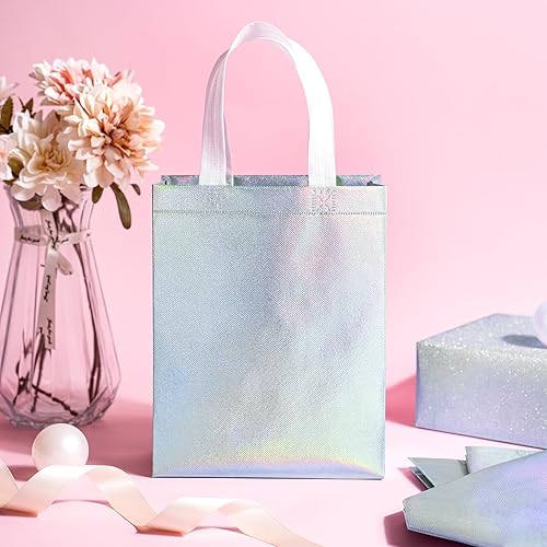 Miniatura 4 de WRAPAHOLIC Paquete de 12 bolsas de regalo reutilizables color plata iridiscente con asas, tamaño mediano de 8 x 4 x 10 pulgadas, perfectas para