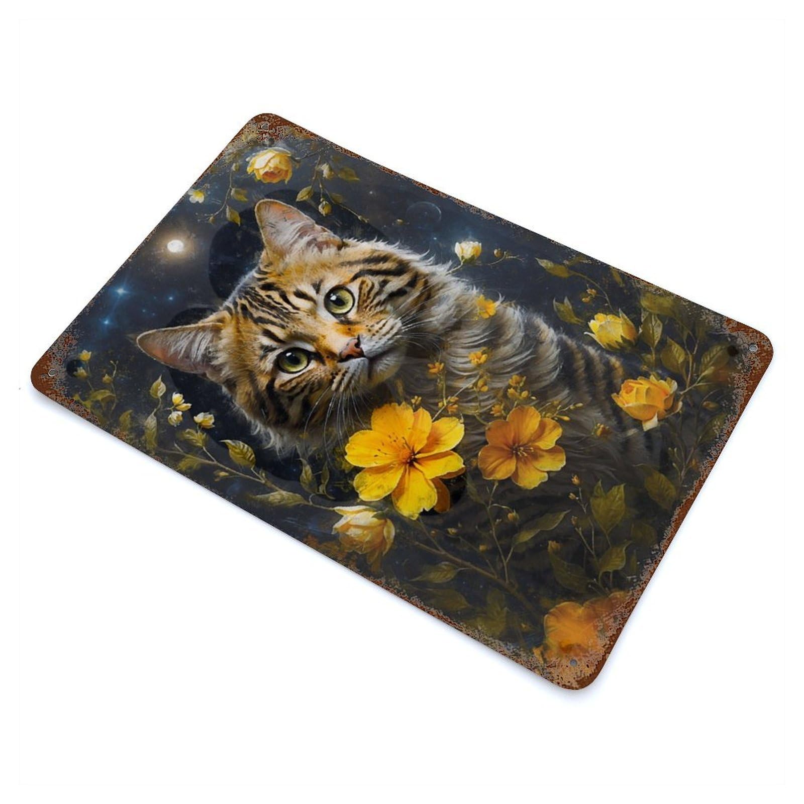 Distressed Metal Wall Sign with The Cat And The Dandelions Design 11.8"x7.9", for Shed, Workshop And Garage Wall Decor, Decorative Metal Wall Art