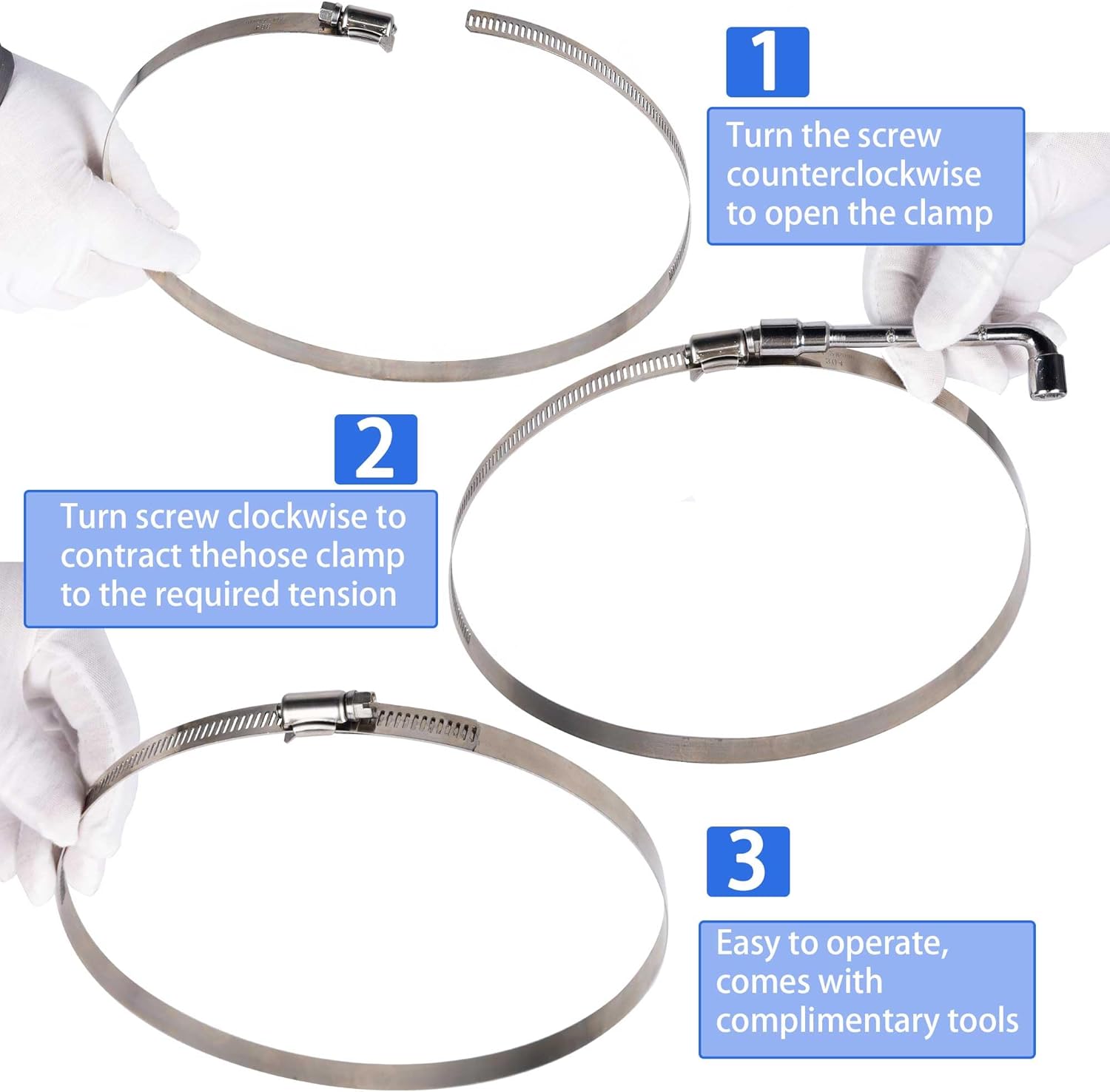 6 Pack Stainless Steel Hose Clamps - Adjustable 1.5" - 2.5" (40-63mm) Worm Gear Hose Clamps with A Socket Wrench for Plumbing,Automotive And Mechanical Application