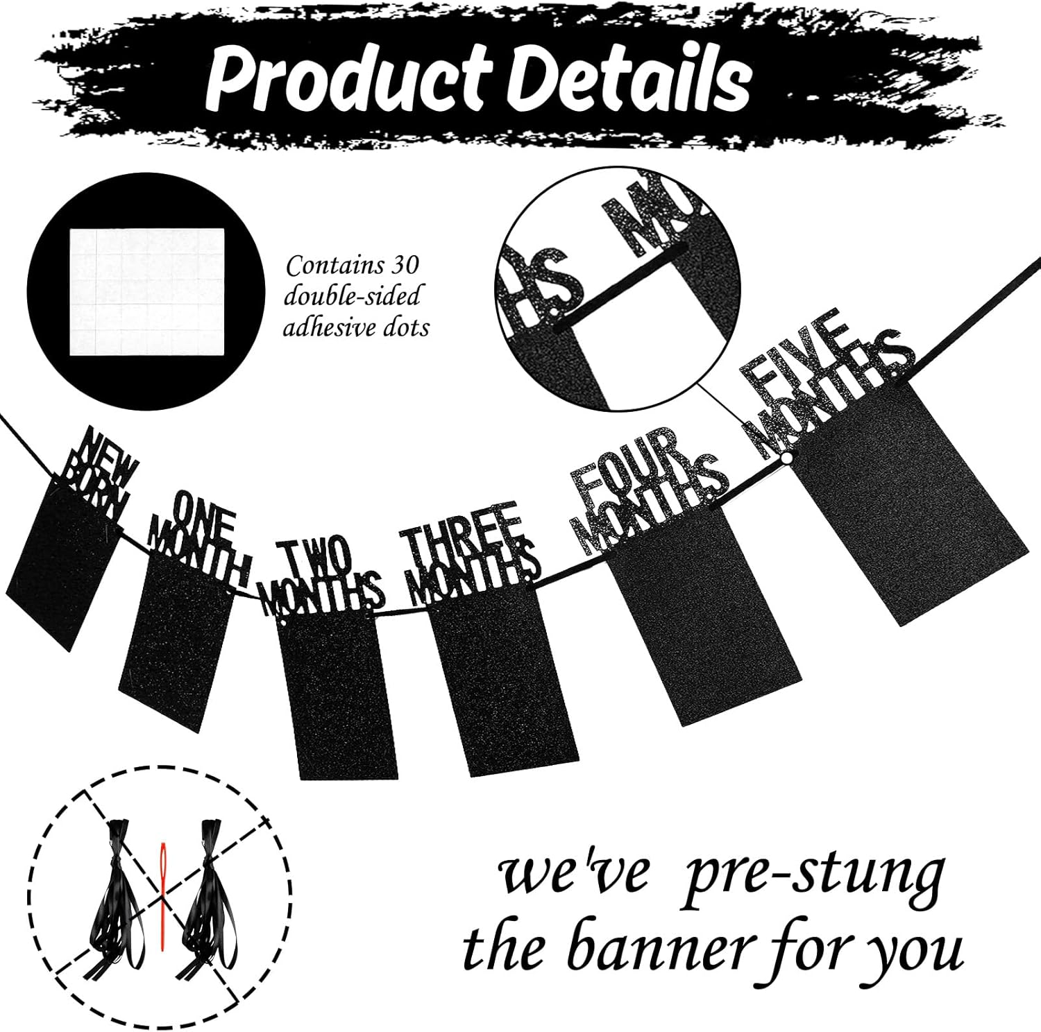 Whaline 1st Birthday Baby Photo Banner for Newborn to 12 Months, Monthly Milestone Photograph Bunting Garland, First Birthday Celebration Decoration (Black)