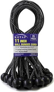 Kotap BB-11B Ball Bungee Cord, Heavy-Duty & Versatile, Indoor & Outdoor, Tarp Tie-Down, Organize & Secure, 11 Inch, Black, 25 Pack