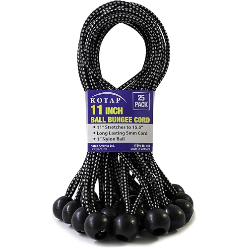 Kotap BB-11B Ball Bungee Cord, Heavy-Duty & Versatile, Indoor & Outdoor, Tarp Tie-Down, Organize & Secure, 11 Inch, Black, 25 Pack | bike-pack-accessories