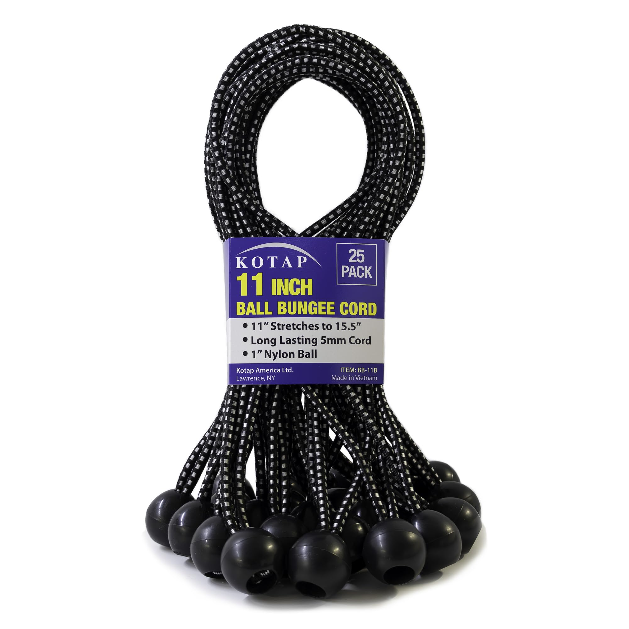 Cuerda elástica de bola Kotap BB-11B de 11 pulgadas color negro pack de 25 piezas para sujeción