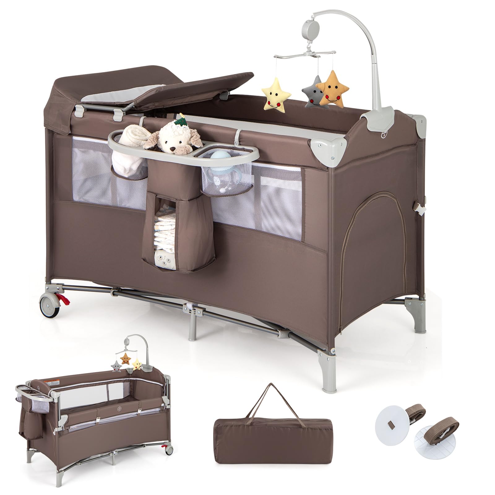 LIFEZEAL Lettino da Campeggio, Lettino per Bambini 0-3 Anni, Culla da Viaggio, Box, Co-sleeping, con Materasso, Fasciatoio, Giostrina, Ruote, Borsa, Pieghevole, Portatile, 125x65x119 cm (marrone)