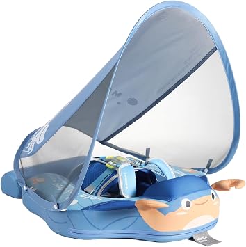 Mambobaby Float with Canopy Non Inflatable Baby Float 3-24 Months | Baby Pool Float with UPF 50+ Sun Shade Upgrade Add TailFootrest Solid Swim Float for Infant No Air for Beach, Crab Blue
